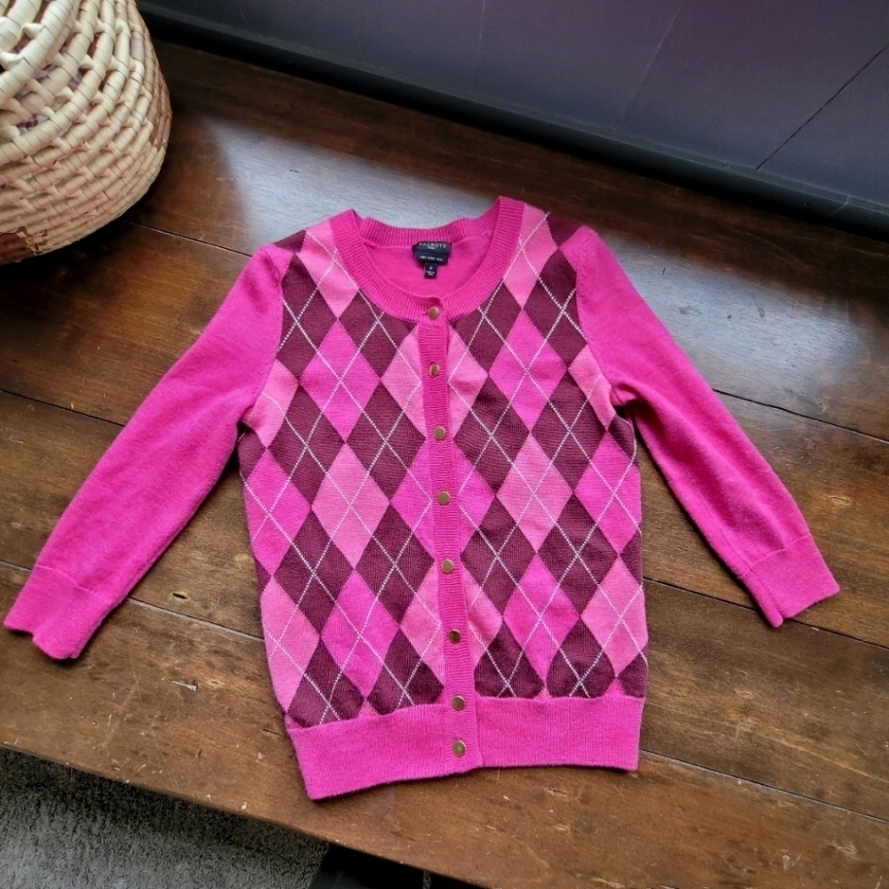 Talbots Pure 100% Merino Wool Argyle Diamond Schoolgirl Cardigan sz P Pink